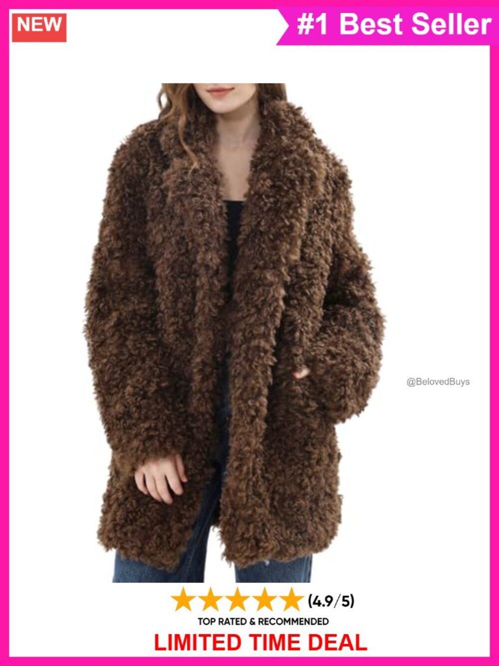 Faux Fur Long Coat Notched Lapel Open Front Winter Jacket